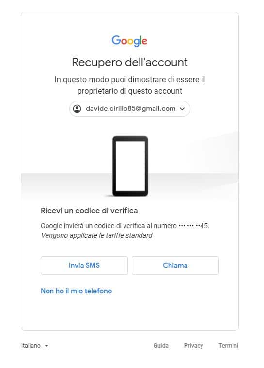 sms recupero password gmail