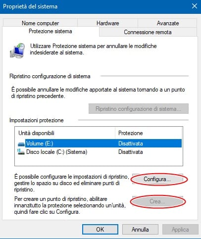 creare un punto di ripristino